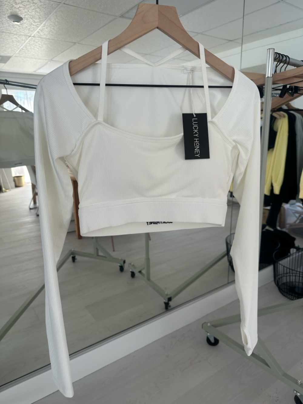 White Long-Sleeve Ribbed Crop Top with Strappy Back